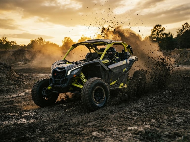 Dynamic low-angle action shot of a high-performance UTV kicking up dramatic mud and dust trails at golden hour, high-contrast dark tones with bright yellow accents, 35mm photography