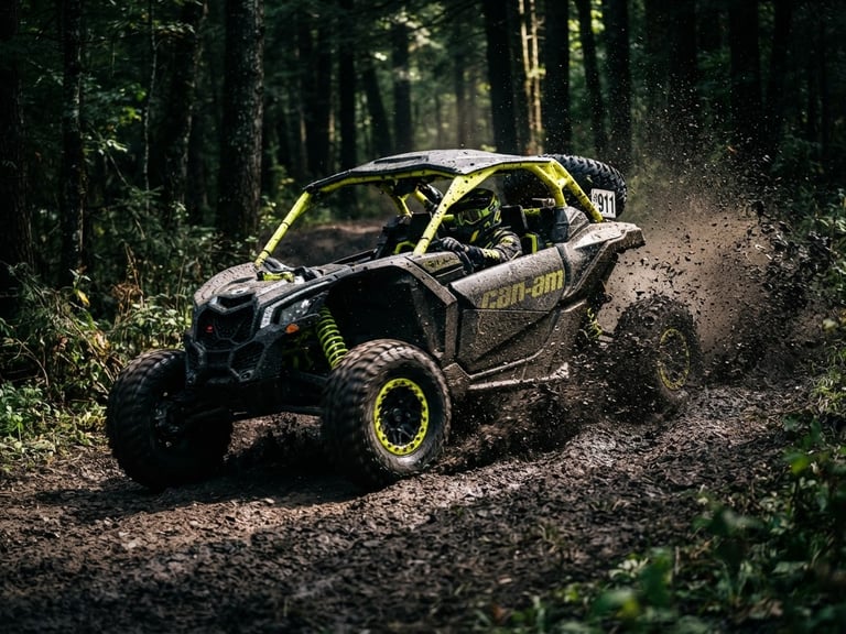 Low-angle dynamic shot of a dirty UTV kicking up mud on a forest trail, dramatic high-contrast lighting, yellow accents, 35mm