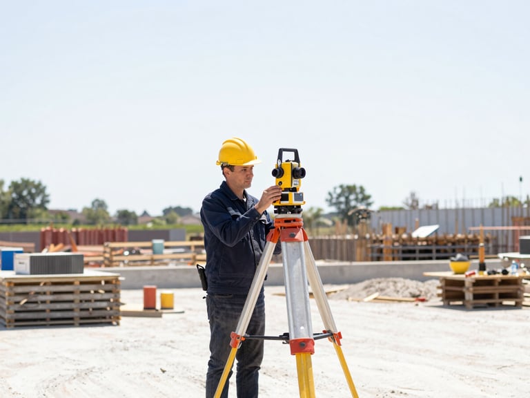 Field technician operating survey equipment on a construction site, bright daylight, medium shot, crisp documentary photography.