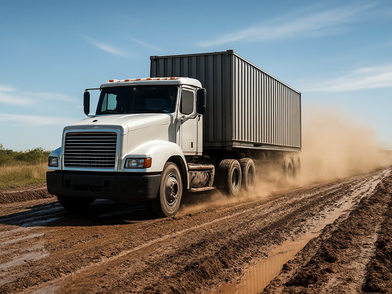 Delta Consulting Group truck driving on a muddy road, kicking up dust, bright daylight, wide shot, crisp documentary photography.