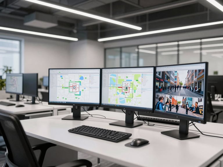 Modern, clean office workstation with multiple monitors displaying project maps, overhead lighting, crisp documentary photography.