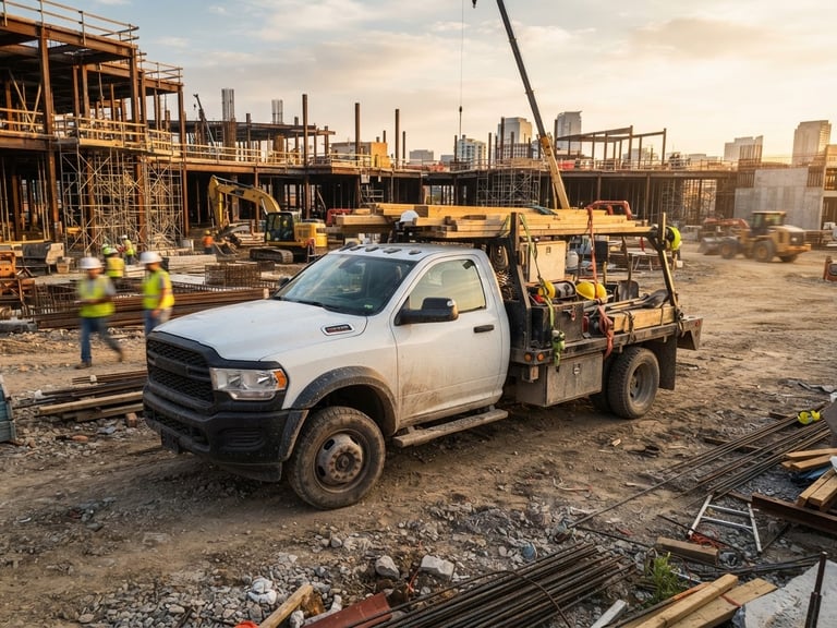 Branded Delta Consulting Group fleet vehicle, heavy-duty truck, parked on a construction site at golden hour, wide angle, crisp documentary photography, bright natural daylight, high contrast industrial tones.