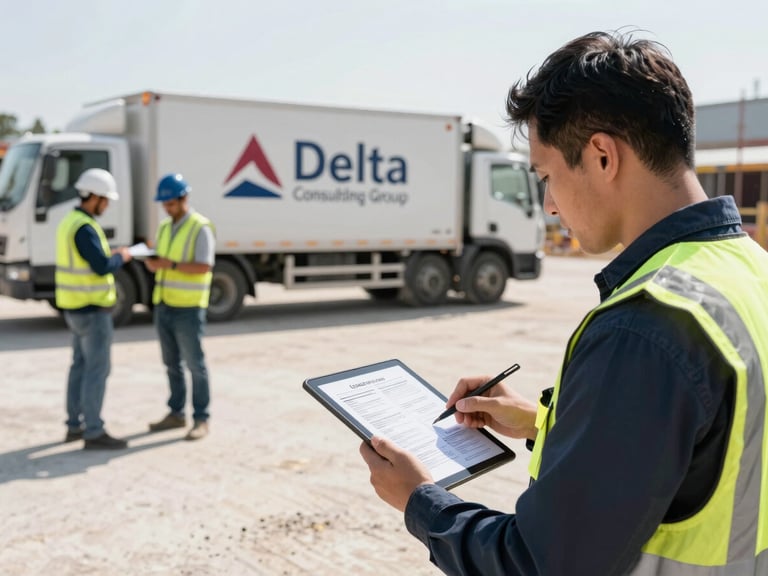 Medium shot of a Delta Consulting Group team member in professional field gear reviewing a logistics manifest on a tablet at a bustling construction site, branded truck visible in background, bright natural daylight, high contrast industrial tones.