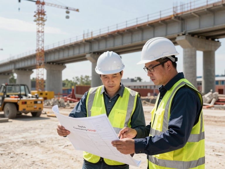 Medium shot of two Delta Consulting Group project managers in field gear discussing blueprints on an active civil engineering site, a partially constructed bridge in the background, bright natural daylight, high contrast industrial tones.