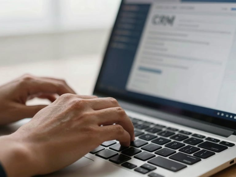 Close-up of hands typing on a laptop, a CRM dashboard visible on screen, soft overcast natural light, deep navy and brass tones, shallow depth of field, 35mm.