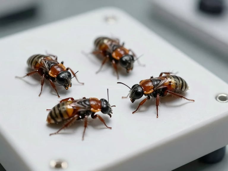 Macro-photographie scientifique de fourmis sur un plan de travail blanc immaculé, éclairage clinique, netteté maximale, perspective épurée.