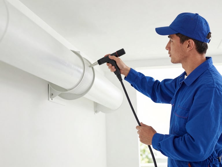 A professional HVAC technician in a clean blue uniform using high-vacuum extraction equipment on a residential ventilation duct, bright clean natural light, 35mm lens