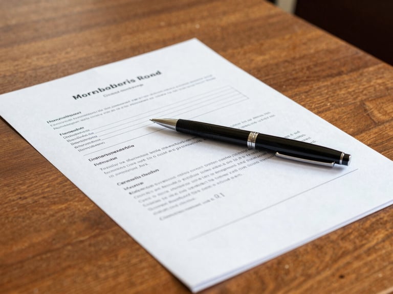 Crisp, professional close-up of cooperative membership documents on a wooden desk, a classic pen resting on top, warm natural daylight filtering in.