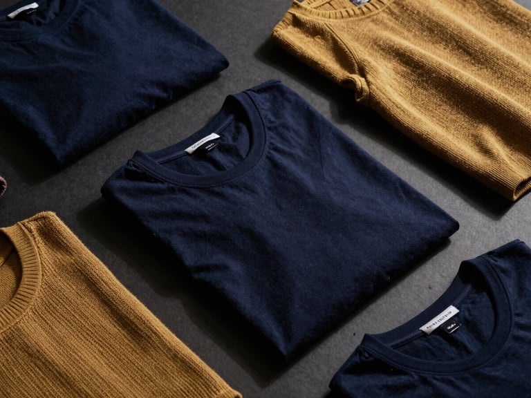 Elegant flat-lay of folded cotton t-shirts and premium knitwear, moody studio lighting with dramatic side-shadows