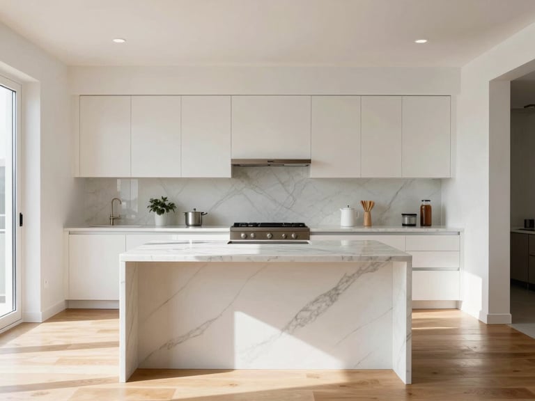 Straight-on architectural shot of a bright, sunlit modern kitchen with streak-free marble countertops and polished wood floors, high-key natural daylight, 35mm