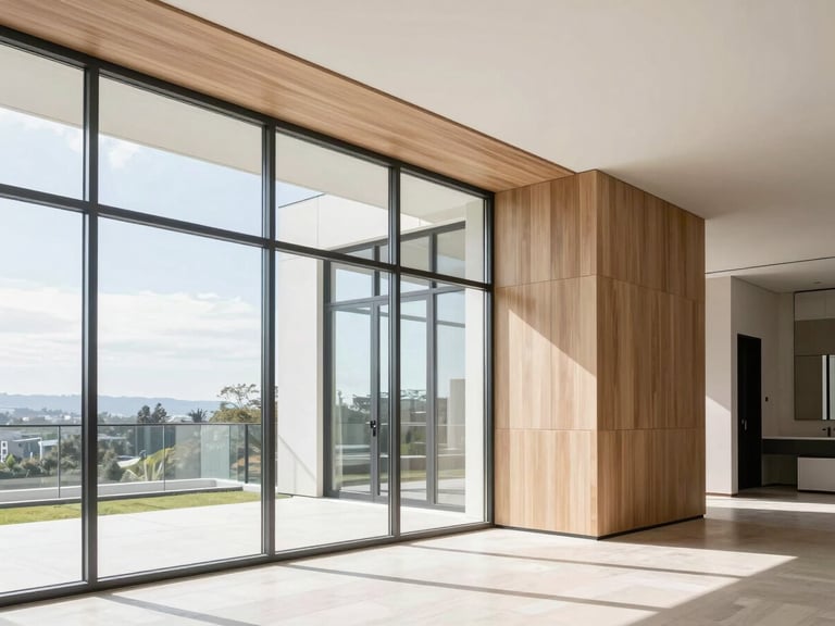 Bright architectural interior of a luxury Meridian home showing immaculate wood paneling and pristine glass surfaces, crisp daylight, 35mm
