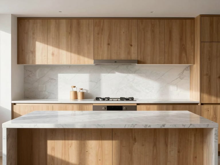 Straight-on architectural shot of a bright, minimalist sunlit kitchen with immaculate marble countertops and polished wood cabinets, high-key natural daylight, cool neutral tones, sharp focus, 35mm