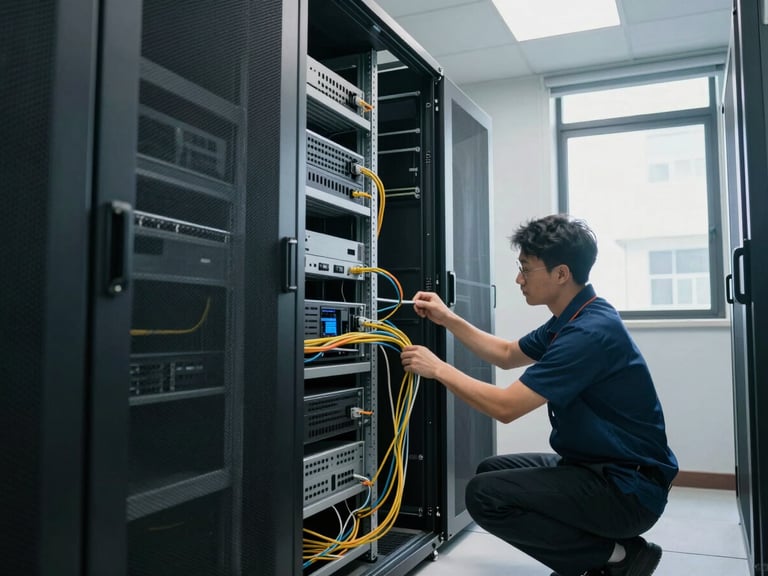 Wide environmental shot of a small business server room, open rack with cables partially organized, a technician crouching and tracing a cable run under fluorescent and natural light from a side window, real working environment with visible dust and cable clutter