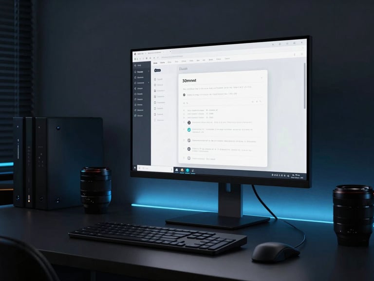 A sleek dark modern workspace with a high-end monitor displaying a clean user interface, moody low-key ambient lighting with neon blue accents, 50mm lens