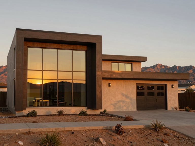 Wide-angle architectural photograph of a modern home exterior in Sandy, Utah. Golden-hour sunlight reflecting off large glass windows, clean geometric lines, mountains in the distance, 35mm.