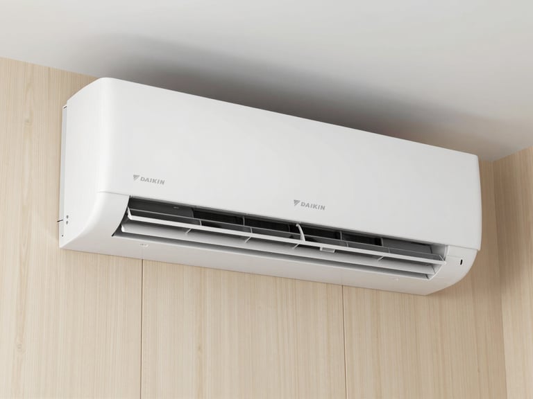 Close-up of a modern white Daikin air conditioning unit integrated into a minimalist wooden wall, soft natural daylight, crisp details, 35mm lens