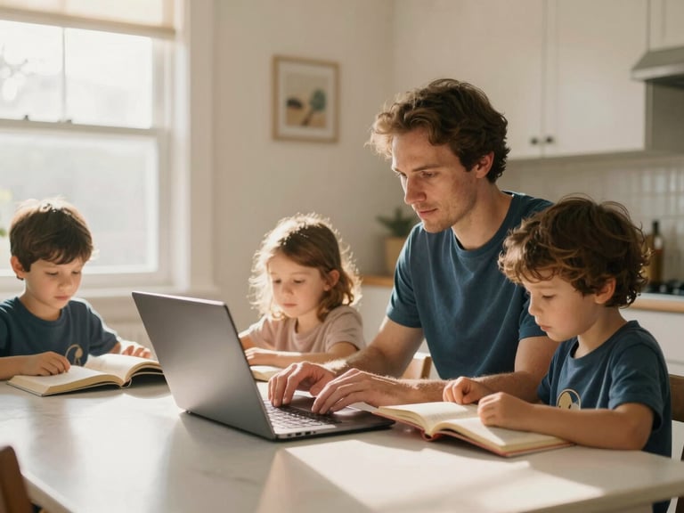 Parent working on a laptop at a kitchen table with children reading nearby, warm natural window light, soft golden-hour tones, candid, 35mm