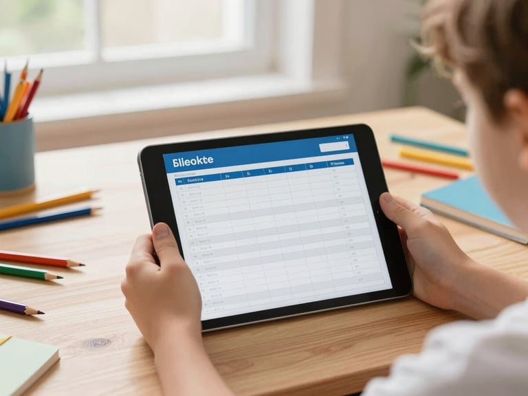 Two hands holding a tablet displaying a budget spreadsheet, surrounded by children's colorful school supplies on a wooden table, natural window light