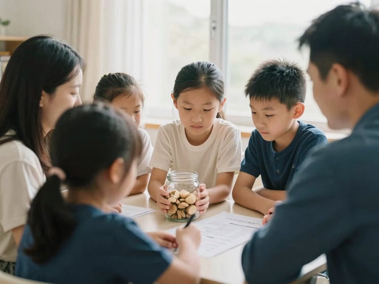 Family gathered around a table looking at a financial plan or savings jar, showing connection and focused learning, warm natural light, soft cream and deep blue tones, candid, 35mm