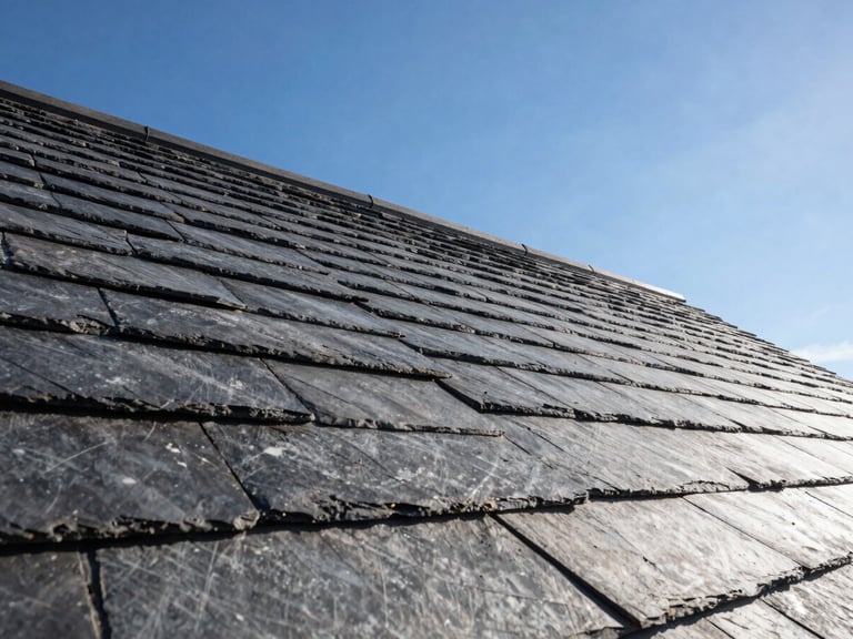 Wide angle of a perfectly finished slate roofline against a clear blue UK sky, clean straight lines, professional craftsmanship.