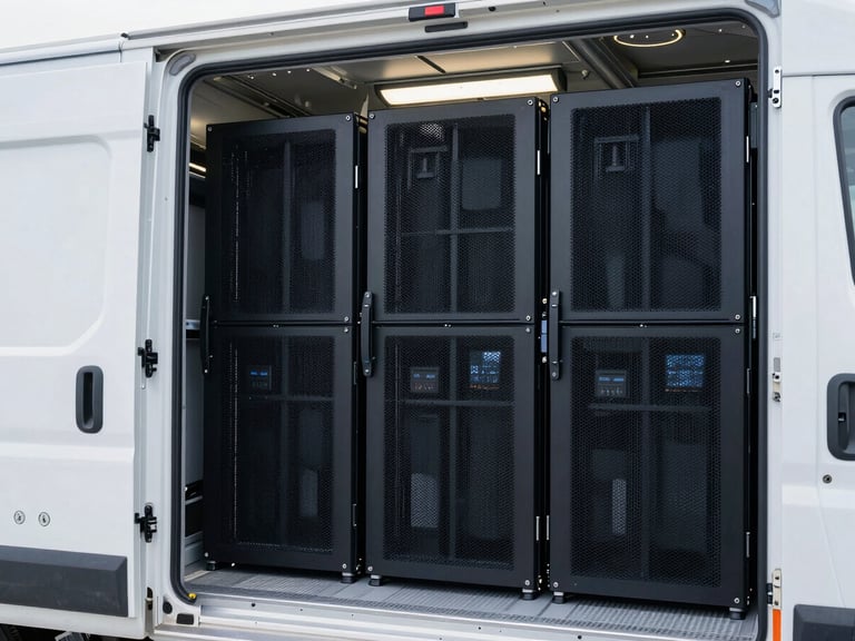Interior of a FACT DICE INC climate-controlled transport vehicle, showing secure server racks strapped down, temperature display visible, cool bright lighting, crisp industrial photography.