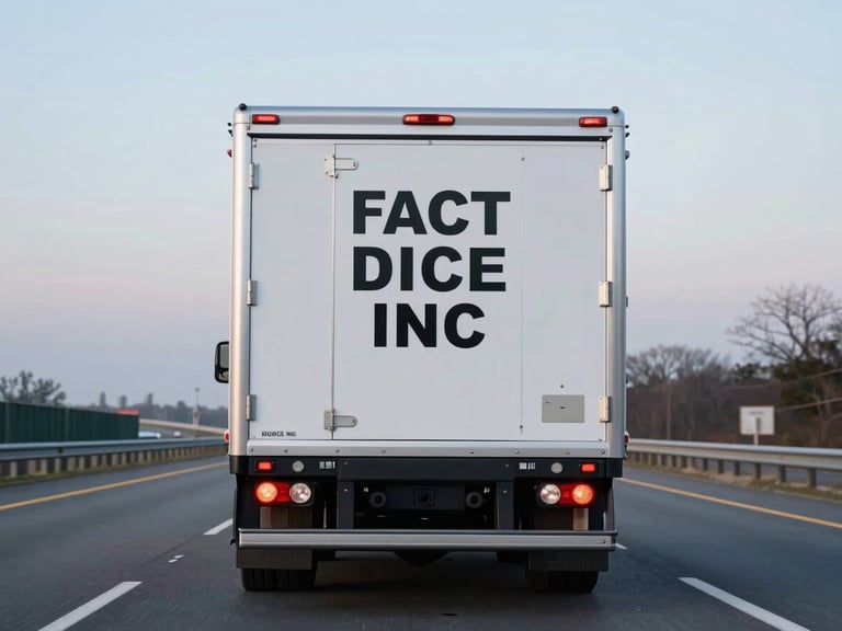 Rear view of a FACT DICE INC secure transport vehicle driving on a highway at dawn, clear road ahead, professional and precise atmosphere, cool daylight, 35mm.