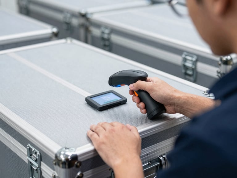 Close-up of a technician in a FACT DICE INC uniform performing a dual-factor verification on a secure transport case, biometric scanner and digital display visible, crisp industrial photography.