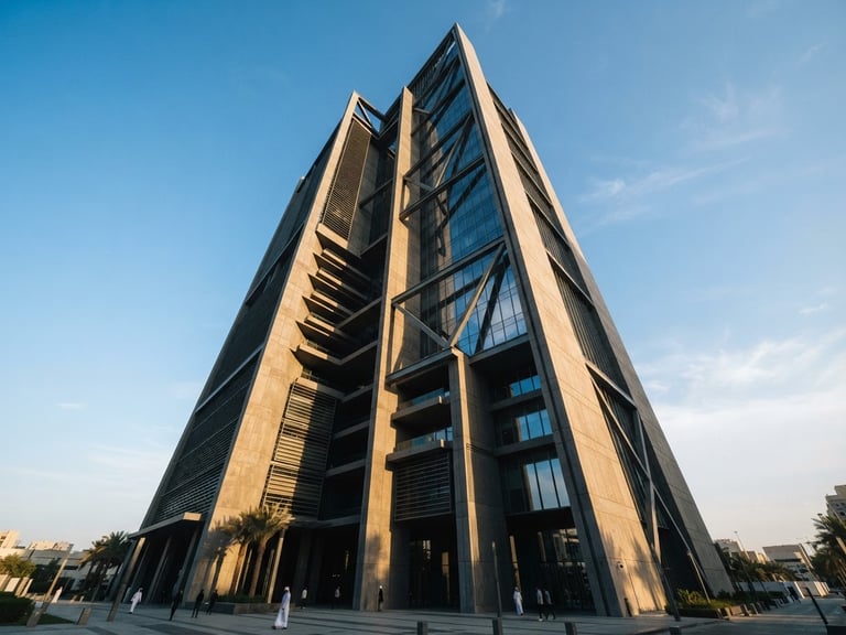 Low-angle architectural photography of a modern concrete and glass facade in Abu Dhabi, sharp morning light casting long dramatic shadows, deep obsidian tones with warm sand highlights, 35mm lens.