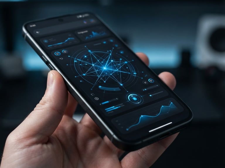 High-fidelity native UI mockup on a physical Android device, cool studio lighting, deep charcoal and electric blue accents, macro depth of field, 35mm