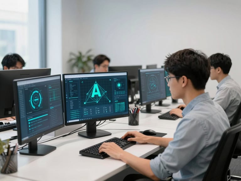 Clean-room software development office with developers working on advanced AI data visualizations, cool digital teal accents