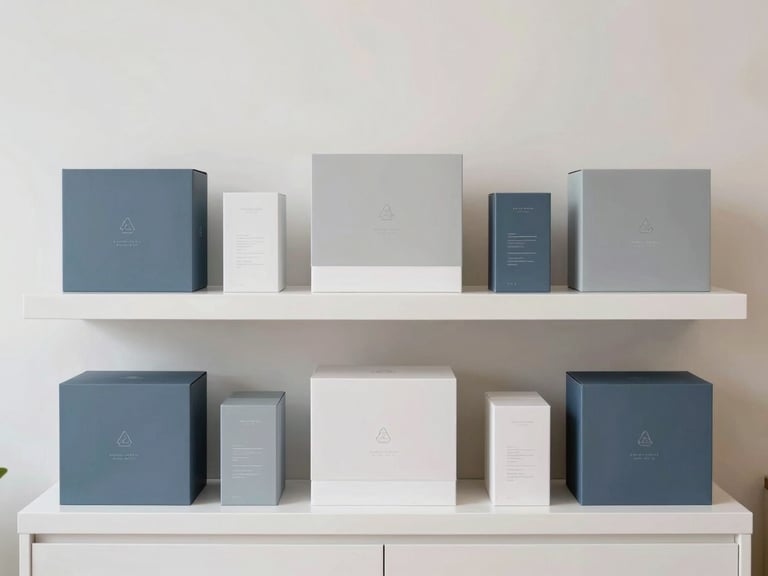 Minimalist, brightly lit modern nursery product display with neutral tones and elegant packaging, professional editorial style