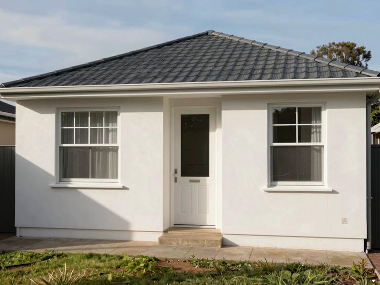 Wide shot of the same Perth home exterior after painting — clean uniform colour coat on render, freshly painted window surrounds, bright afternoon natural daylight