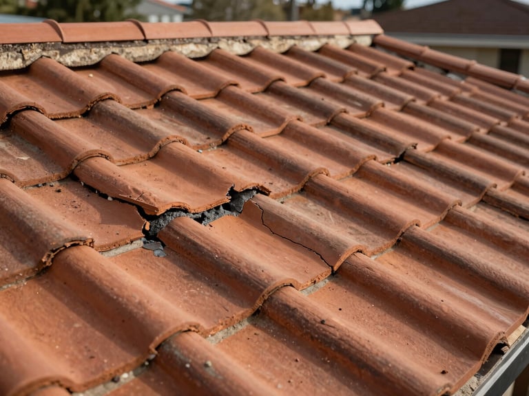 Close-up of a Perth residential roof before restoration — cracked and displaced clay tiles, deteriorated mortar pointing, afternoon light showing surface condition clearly