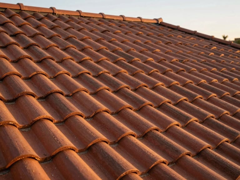 Close-up of the same Perth residential roof after restoration — uniform clay tiles in straight courses, fresh mortar pointing, golden hour natural light raking across the surface
