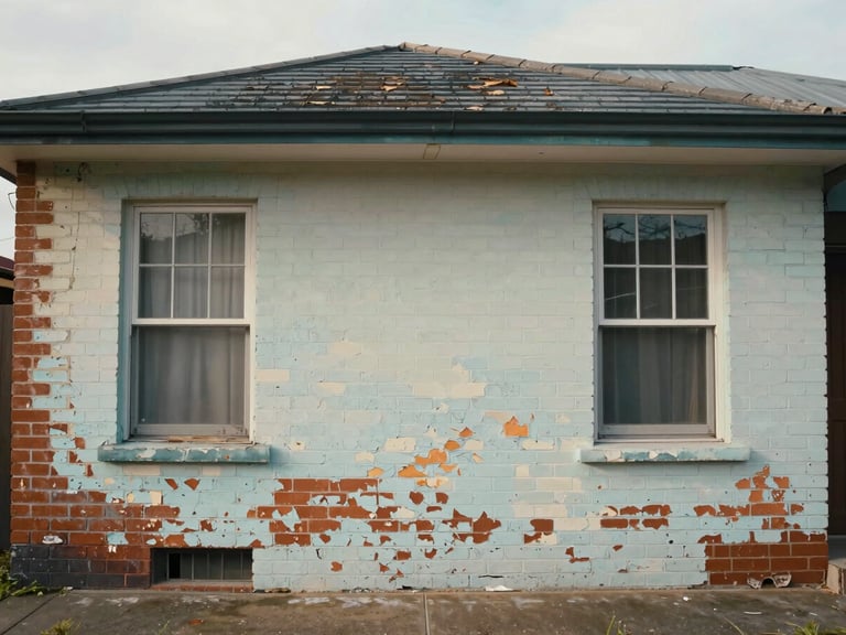 Wide shot of a weathered Perth home exterior before painting — peeling paint on brick render, faded window surrounds, overcast natural light showing the actual condition of the surface