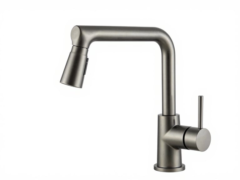 Modern pull-out kitchen faucet in gun grey finish, high-end architectural detail, sharp product photography, white background