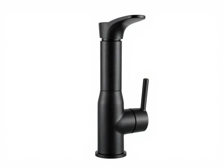 Front-on elevation of a matte black basin mixer faucet, clean studio lighting, crisp metallic reflections, white background