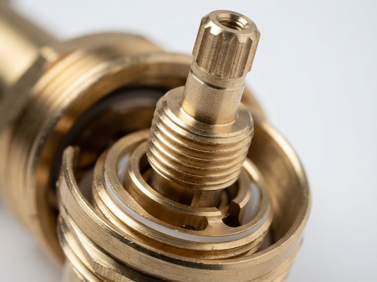 Extreme close-up macro shot of a solid brass faucet valve core, sharp metallic reflections, crisp studio lighting, high-contrast industrial minimalism, 50mm lens.