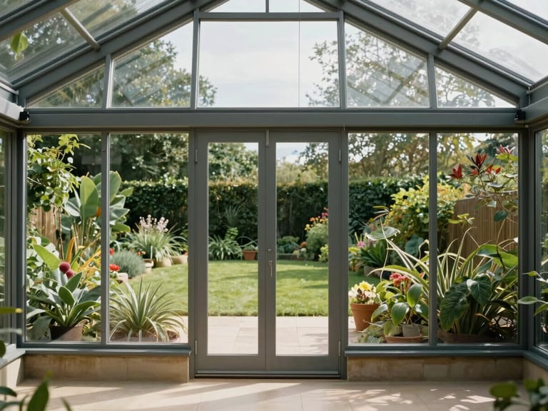 Wide environmental shot of a modern conservatory with flawless tinted glass, high-contrast natural light showing clear views of the garden outside.