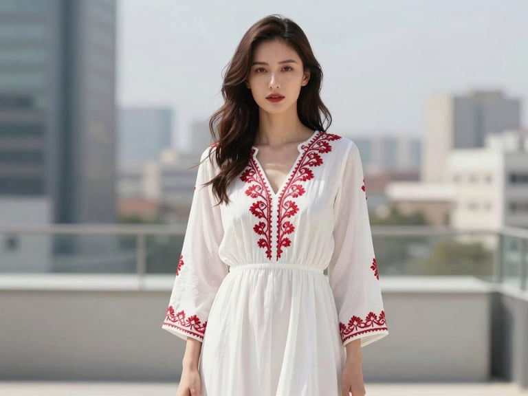 Editorial portrait of a woman in a flowing white dress with subtle red embroidery, soft urban background, crisp daylight