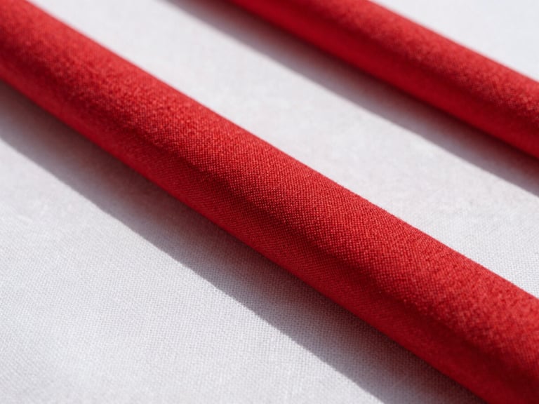Close-up texture of high-quality red and white linen fabric, warm natural sunlight, professional studio lighting
