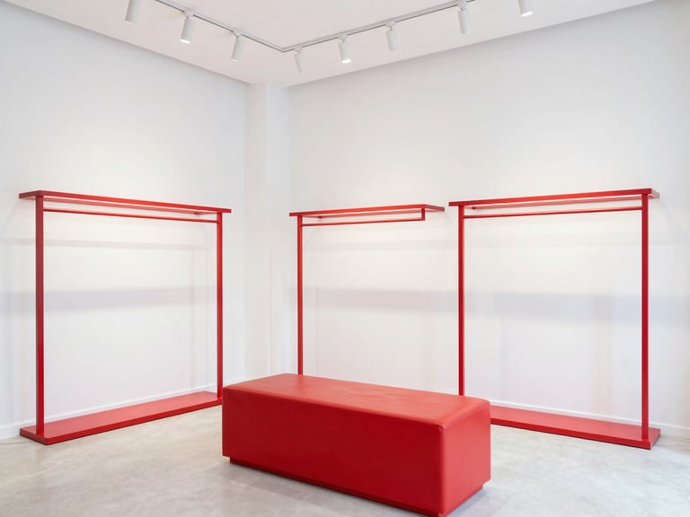Bright environmental shot of the Sowgatlar Dunyasi boutique interior in Ho Chi Minh City, clean white walls, crimson red accents, elegant minimalist display racks