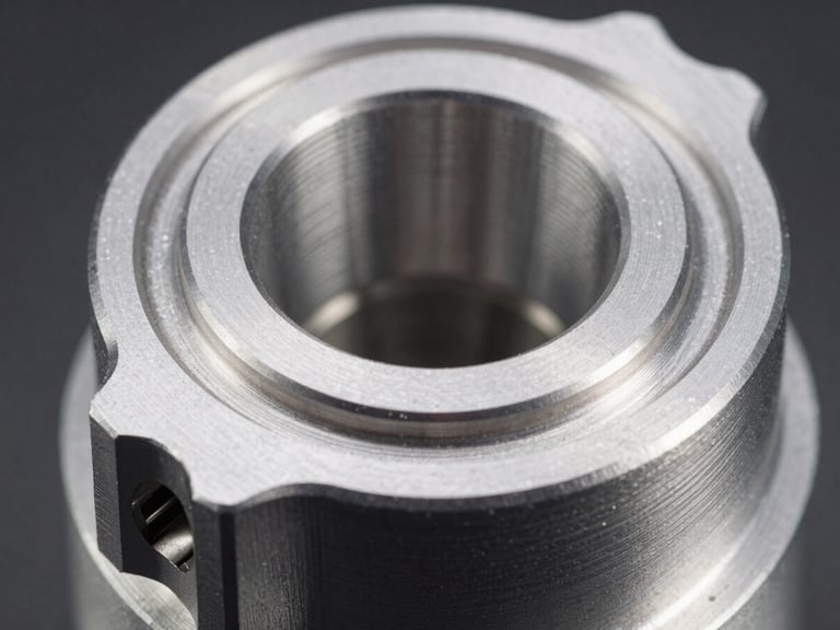 Macro shot of a precision machined aluminum component, highlighting its matte finish and intricate details under crisp industrial light, 35mm
