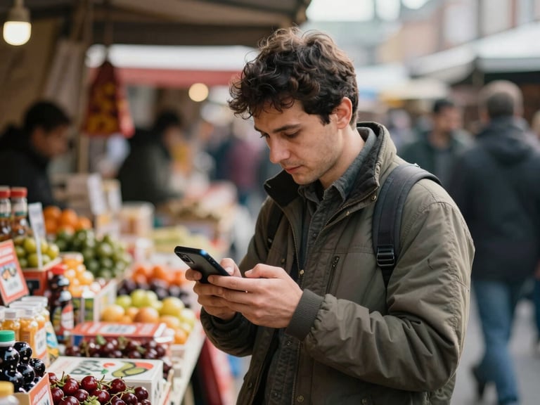 Wide shot of a person at a busy outdoor market stall glancing down at an Android phone in one hand, ambient natural daylight, colorful market goods blurred in the background, candid and unposed