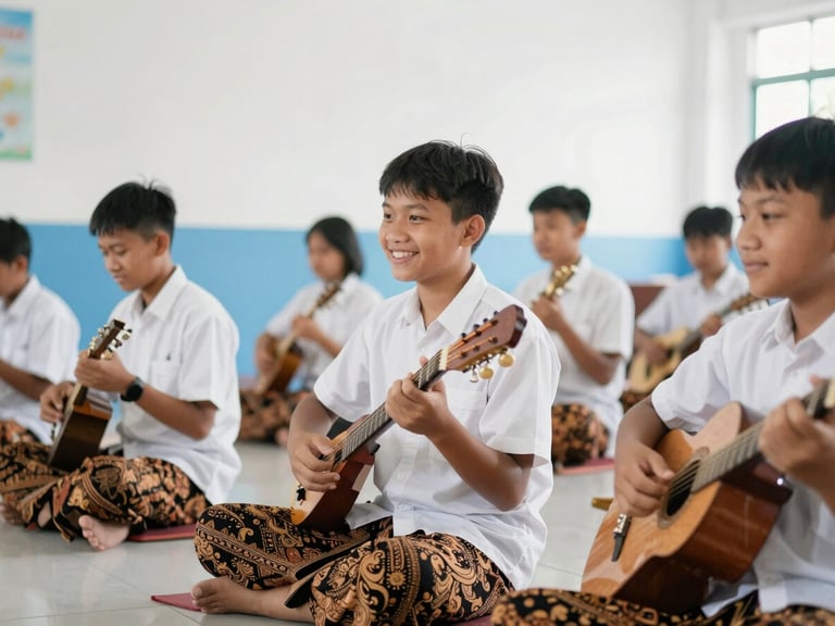 Students playing traditional Indonesian instruments in a bright music room, smiling faces, 35mm lens