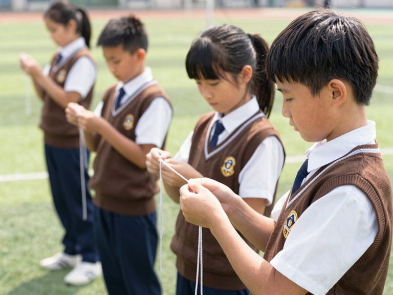 School scout group in brown uniforms practicing knot-making outdoors, green grass field, bright daylight
