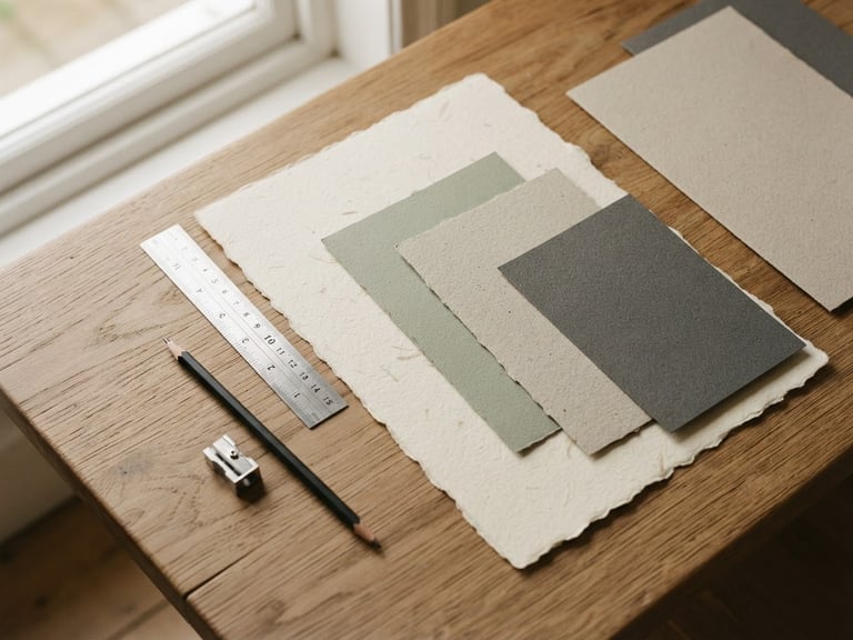 Overhead flat lay of fine textured paper stocks, a metal ruler, and a graphite pencil on a clean wooden table, soft natural window light, muted sage accents, warm editorial photography, 35mm