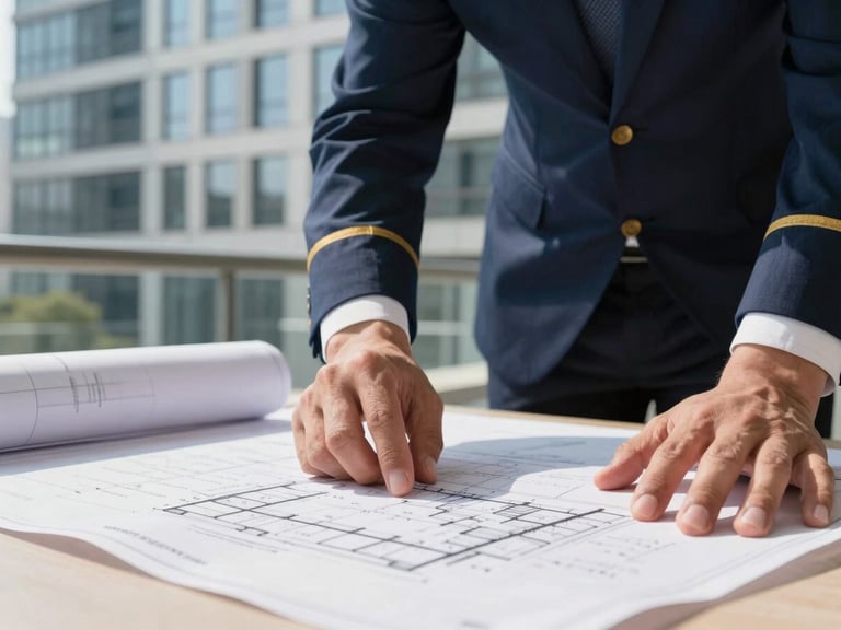 Close-up of an architect's hands reviewing blueprints on a desk, bright natural daylight, with a modern building exterior visible in the background, professional editorial photography