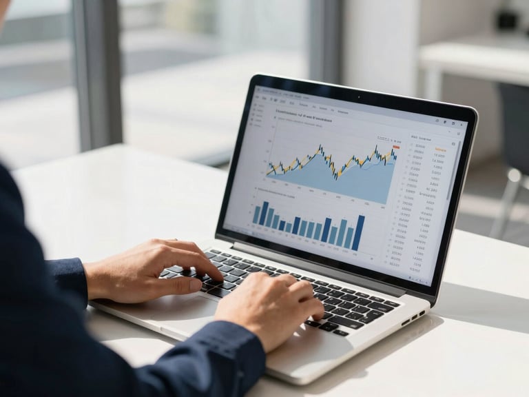 A person using a laptop on a clean, modern desk, focused on the screen with financial charts, bright natural daylight, corporate navy and gold accents, no identifiable faces