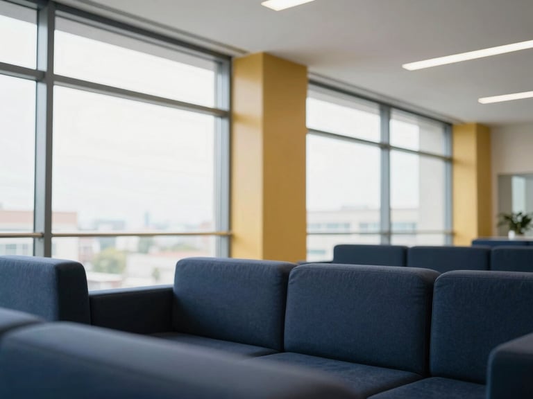 Interior of a modern, bright living room with large windows, clean corporate interior lighting, focused on a comfortable sofa and architectural elements, no people